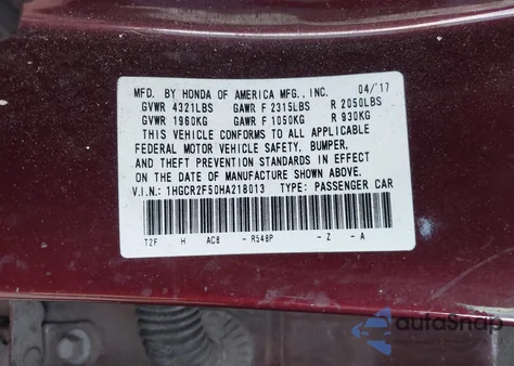 2017 Honda Accord Sport z USA, uszkodzony, nr VIN 1HGCR2F50HA218013